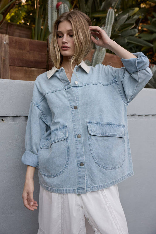 Light Wash Denim Jacket with Contrast Collar