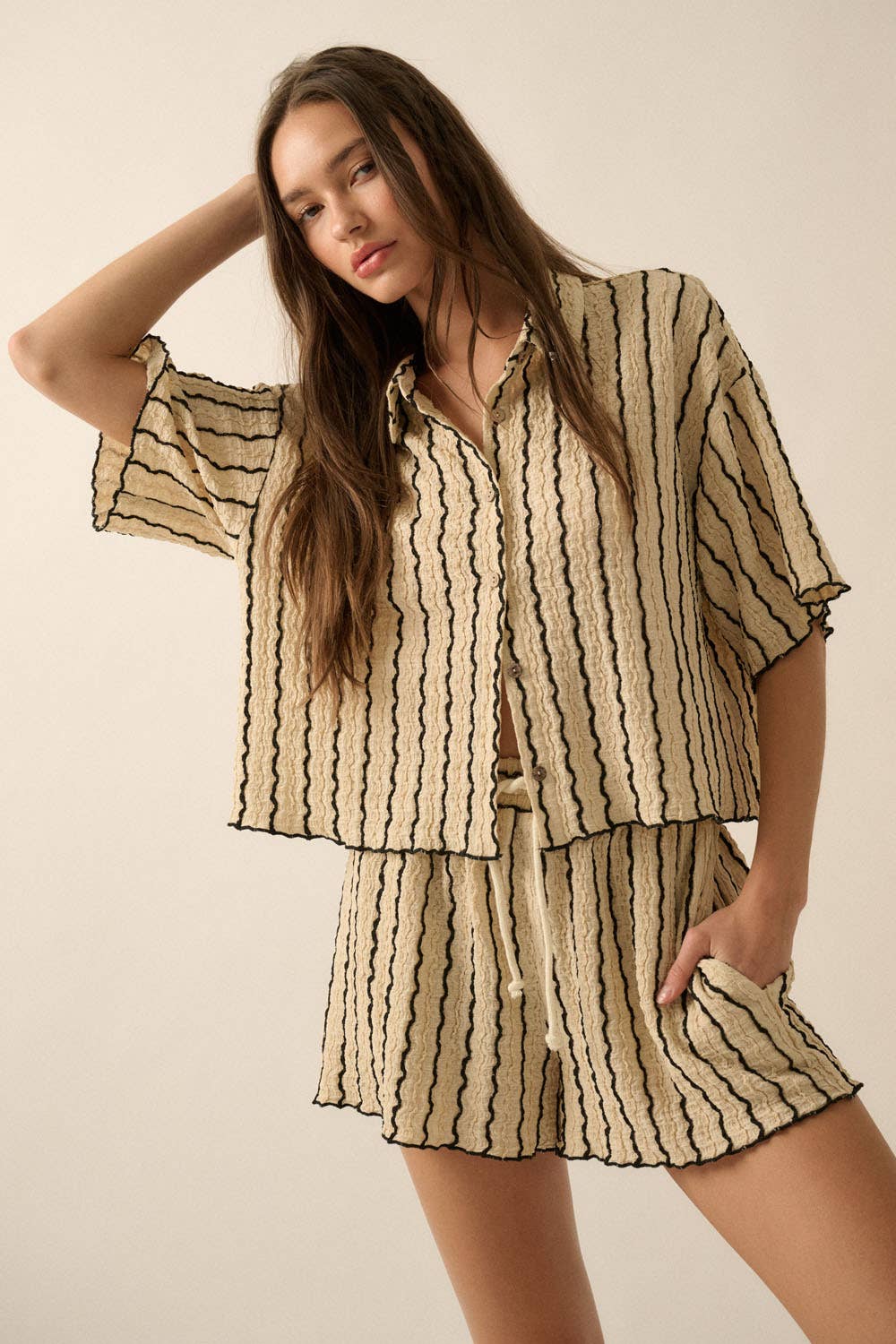 Striped Knit Button-Up Shirt