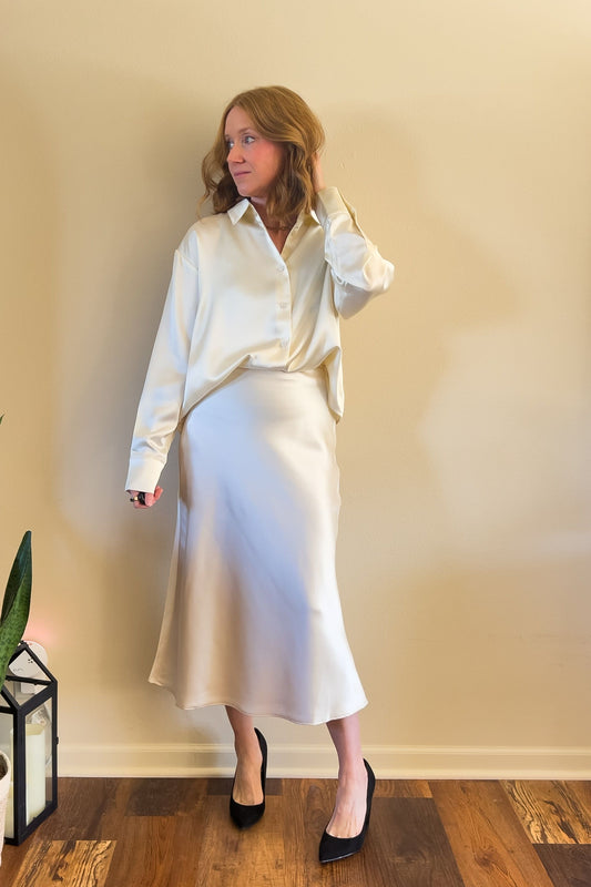 Satin Ivory Midi Skirt