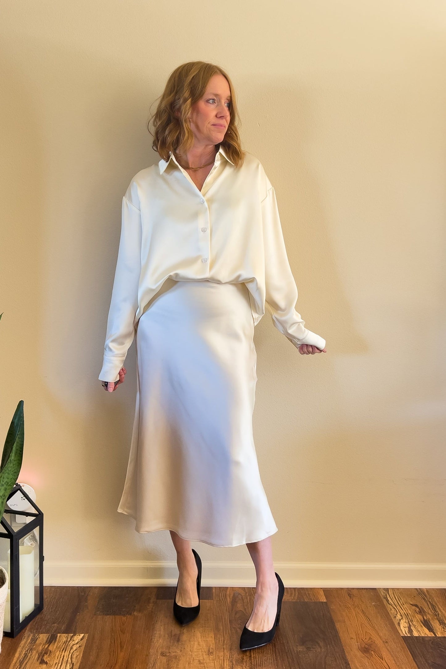 Satin Ivory Midi Skirt