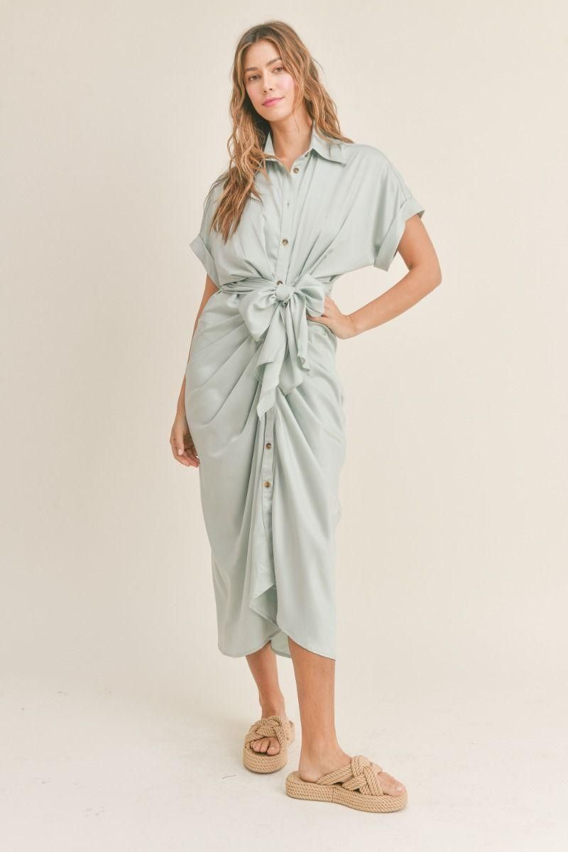 Midi Front Tie Satin Button Down Midi Dress