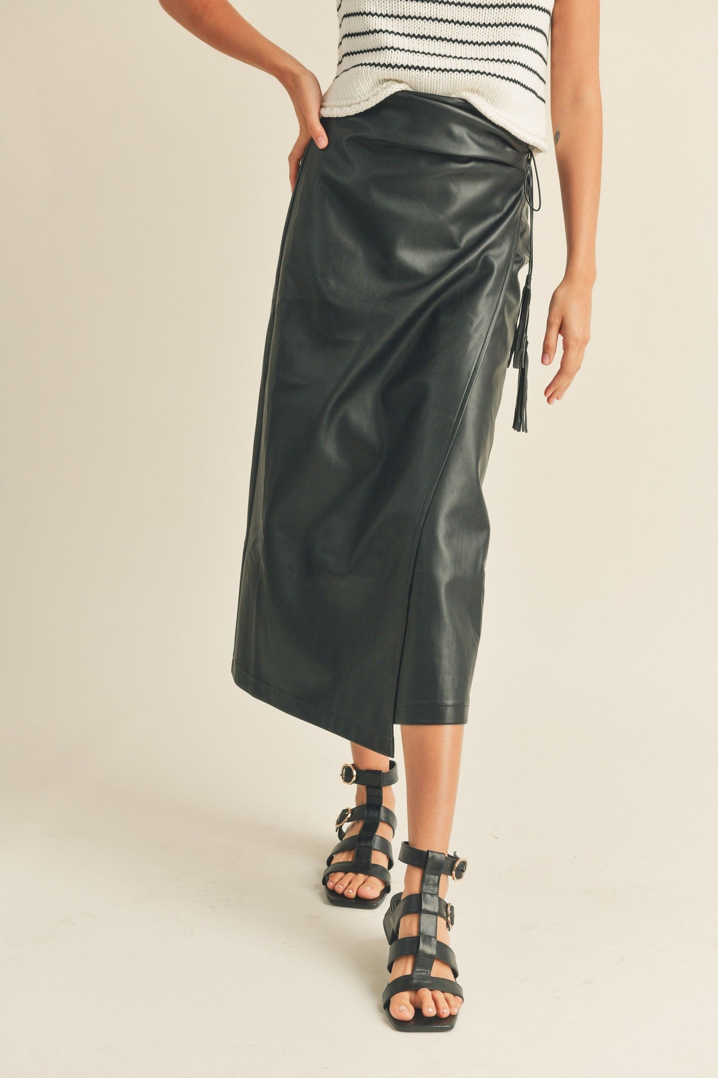Faux Leather Wrap Midi Skirt