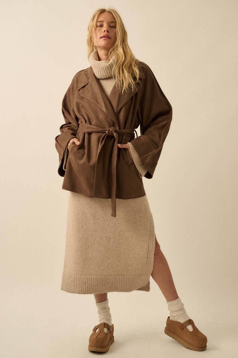 Faux Suede Belted Jacket