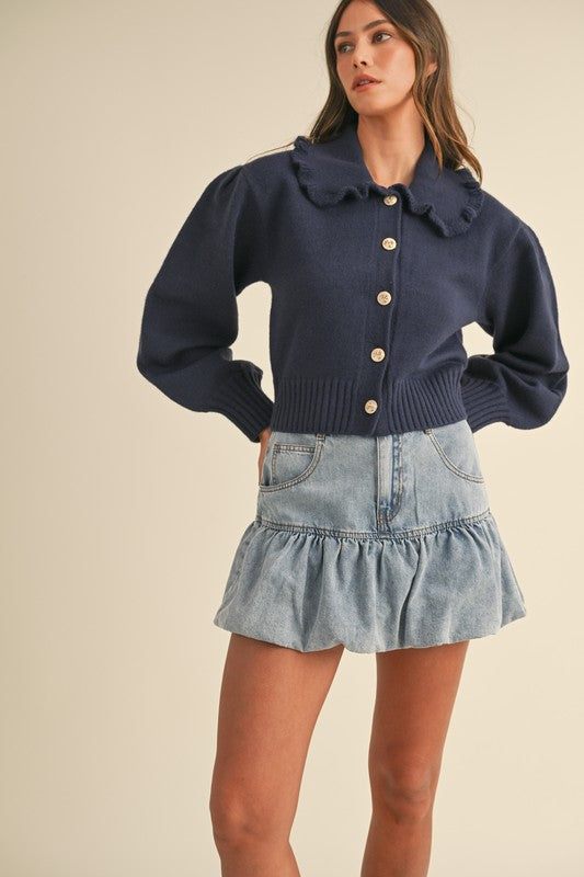 Navy Ruffle Cardigan