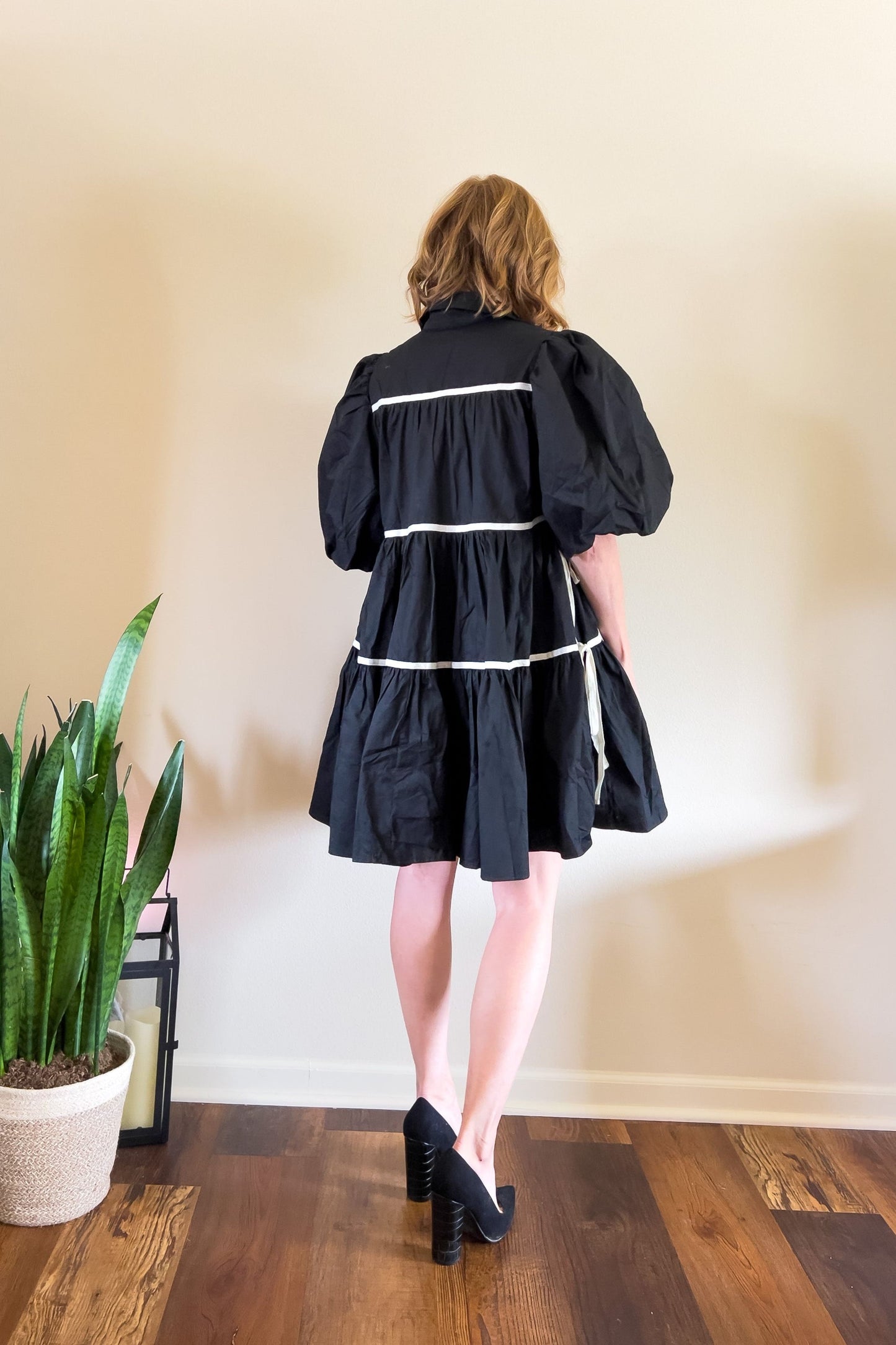 Black White Trim Tiered Shirt Dress