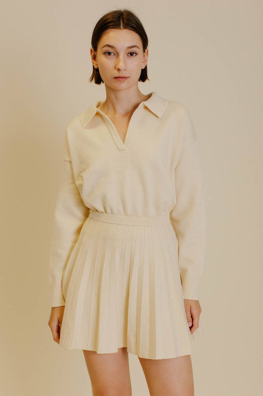 Cream Knit Pleated Skirt