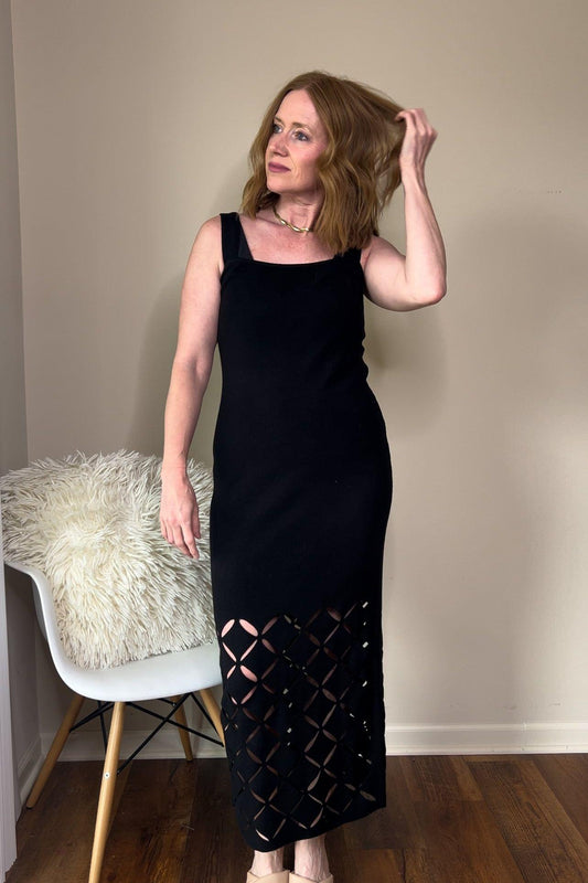 Black Cut Out Detail Knit Midi Dress