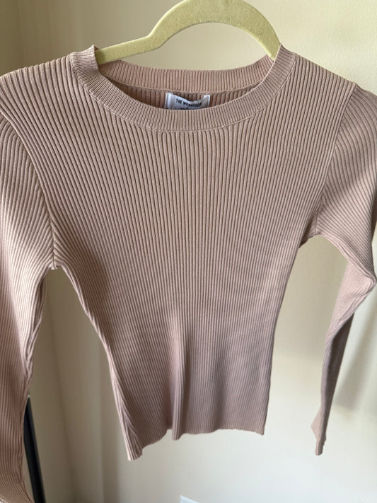 Fitted Taupe Ribbed Long Sleeve Top