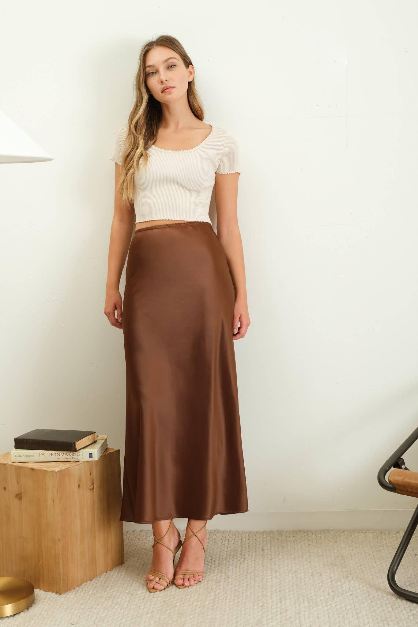 Chocolate Satin Midi Skirt