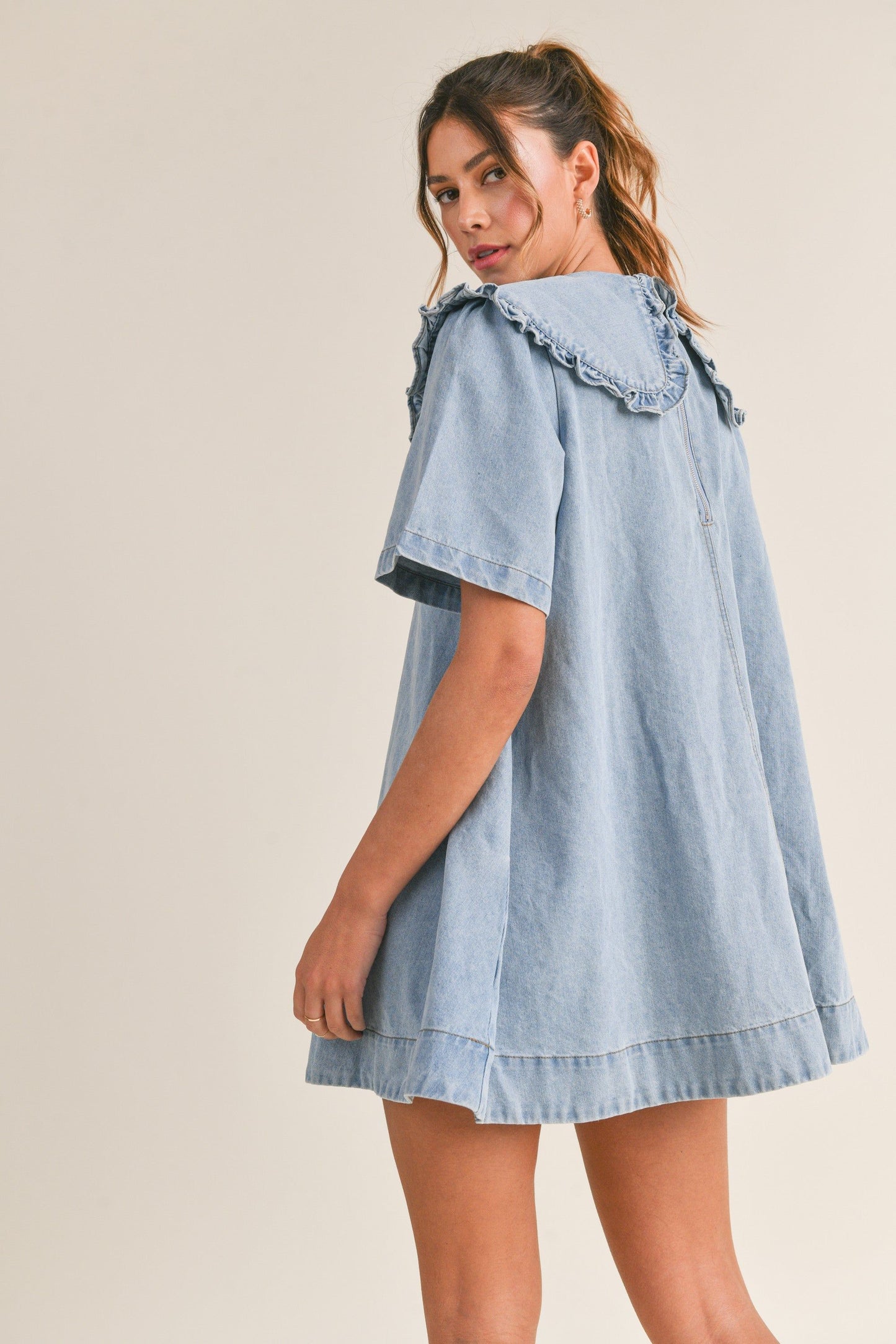 Ruffle Collar Denim Shirt Dress