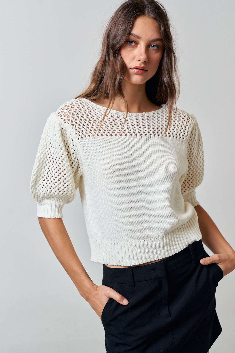 Crochet Puff Sleeve Knit Sweater Top