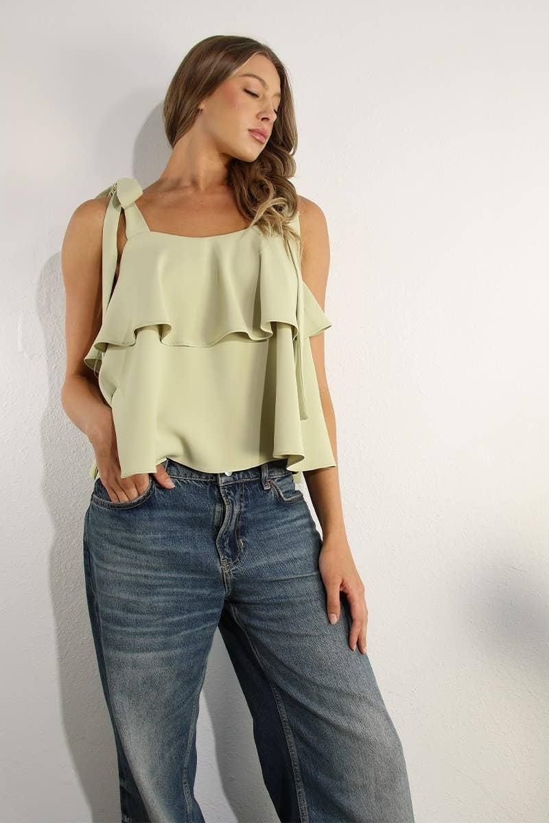 Ruffle Shoulder Tie Top