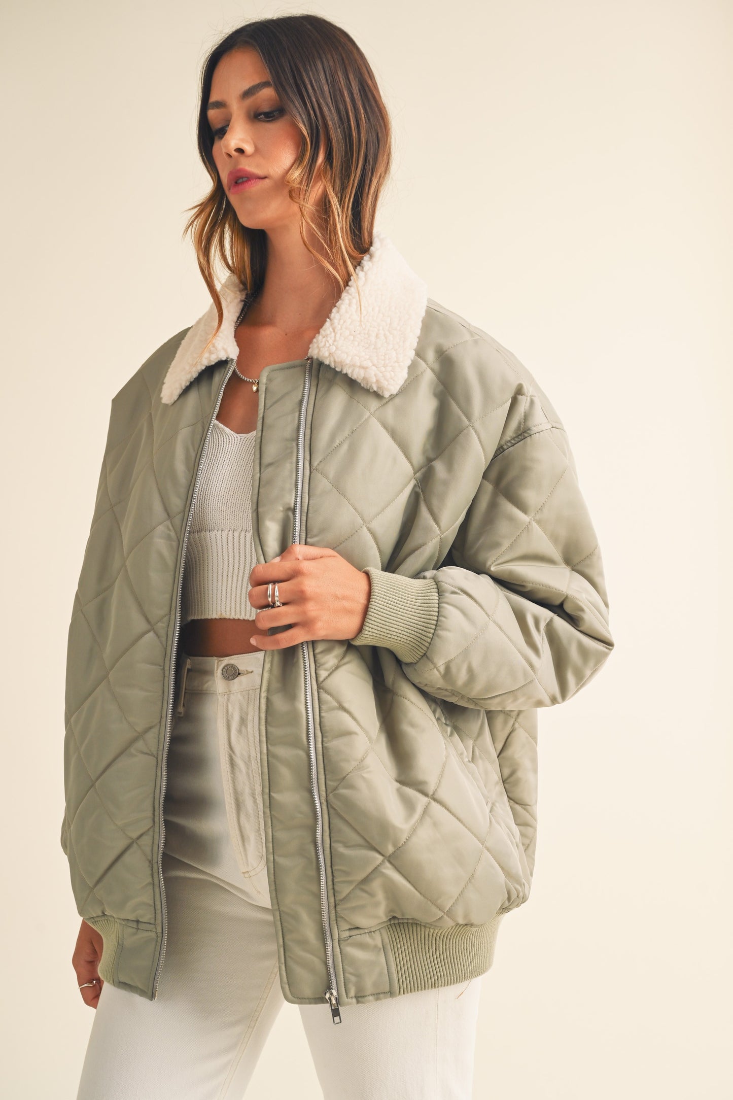 Quilted Oversized Jacket With Sherpa Collar