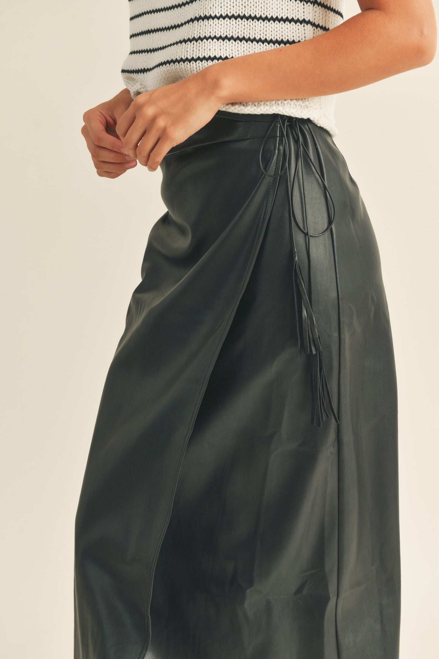 Faux Leather Wrap Midi Skirt