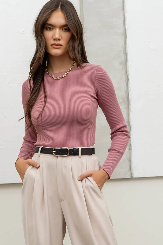 Fitted Pink Ribbed Long Sleeve Top