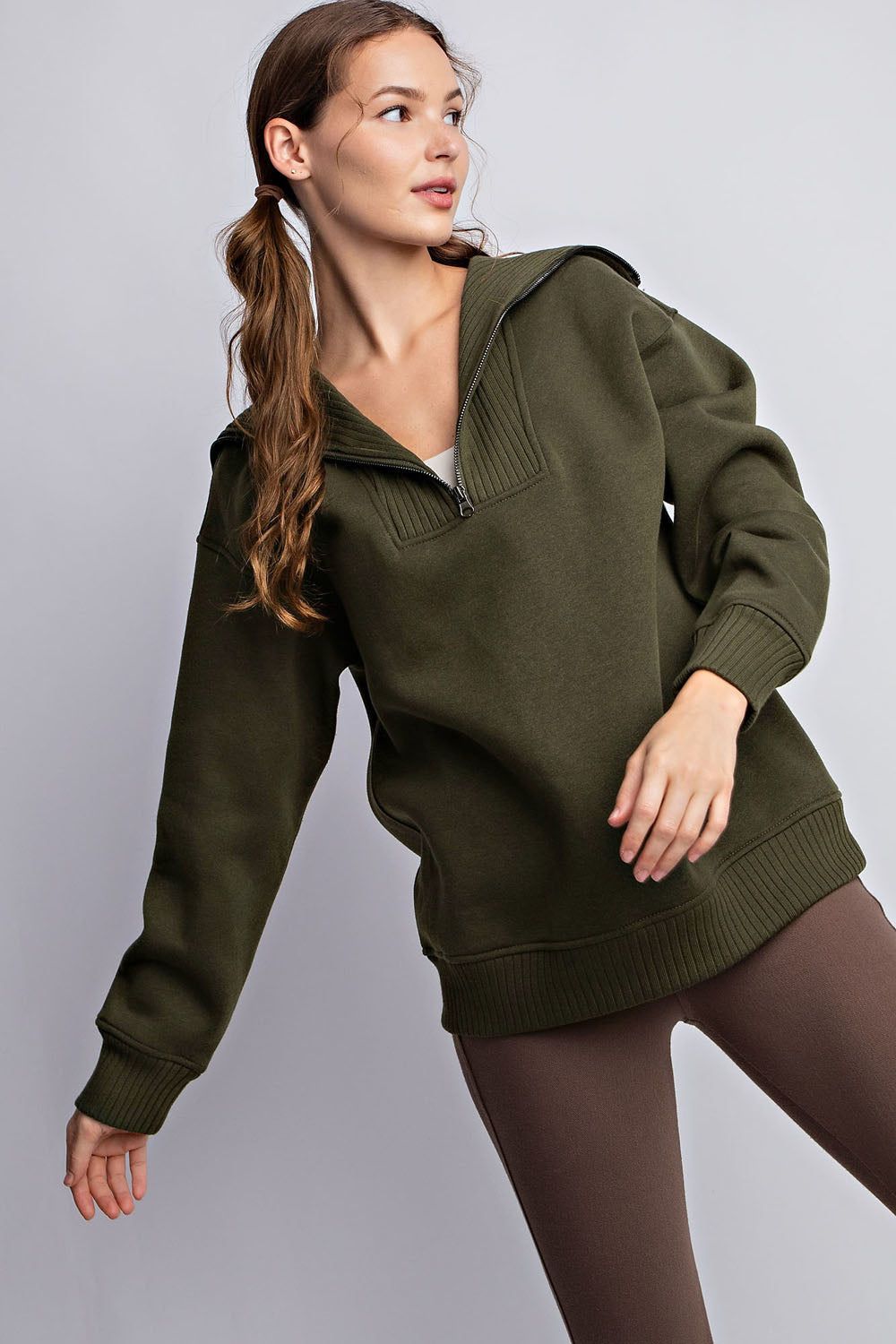 Olive French Terry Ribbed Mock Neck Pullover