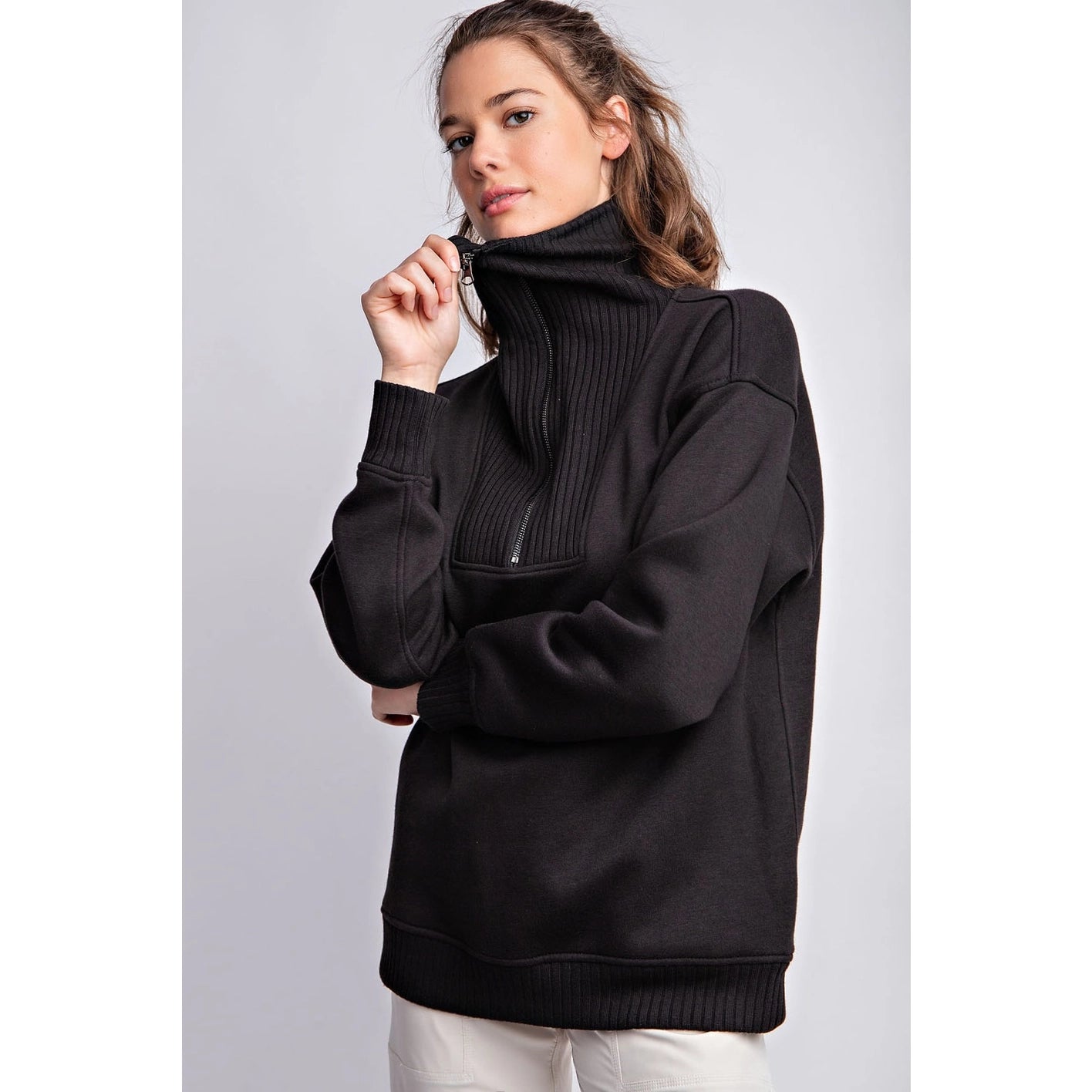 Black French Terry Ribbed Mock Neck Pullover