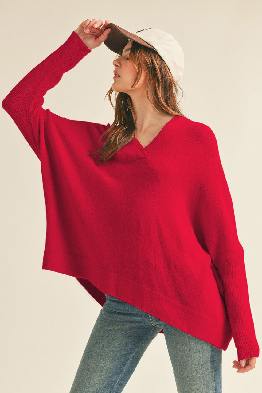Red Oversized V-Neck Sweater
