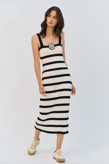 Rosette Strip Sleeveless Sweater Midi Dress