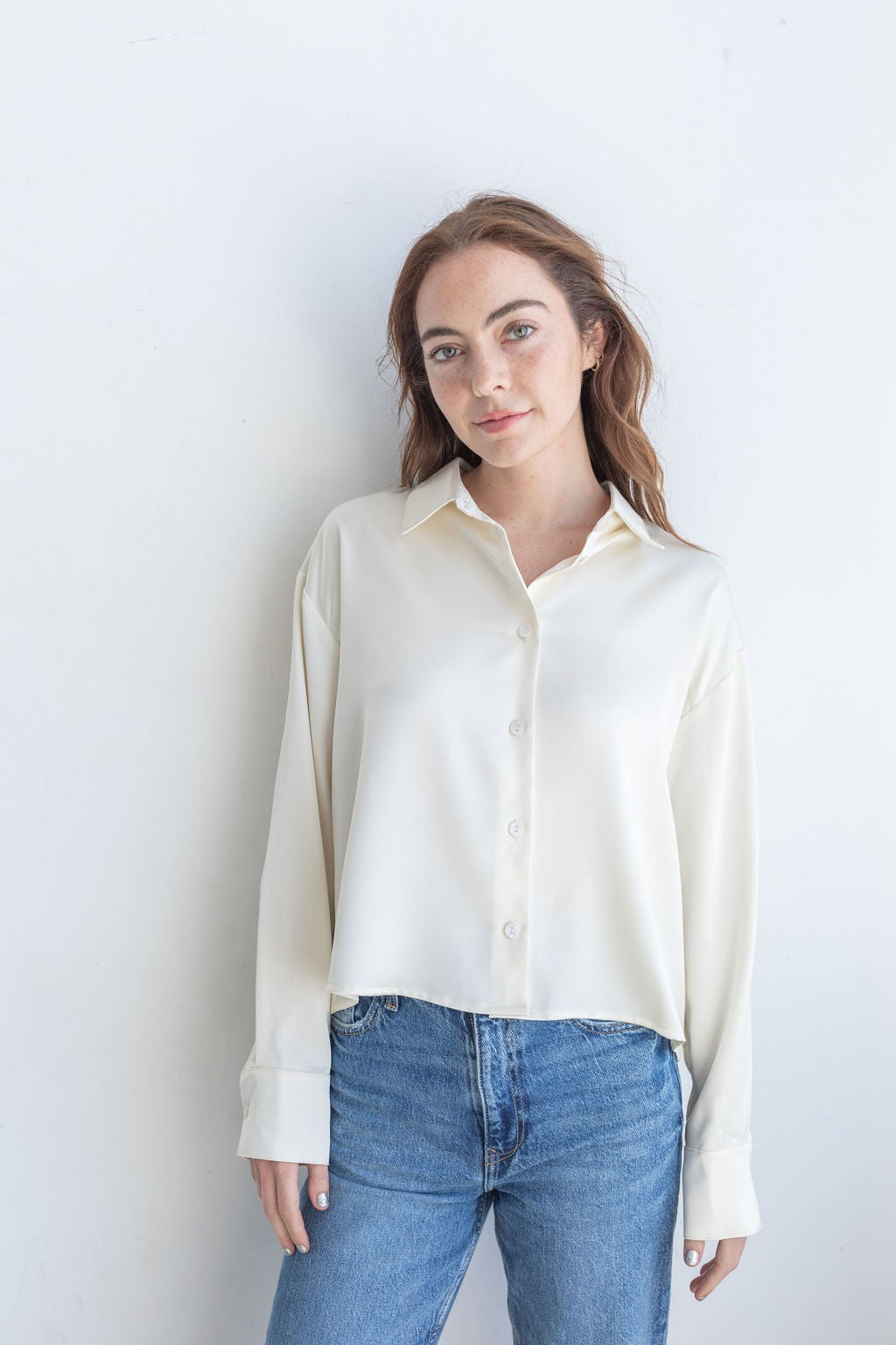 Ivory Satin Button Down Top