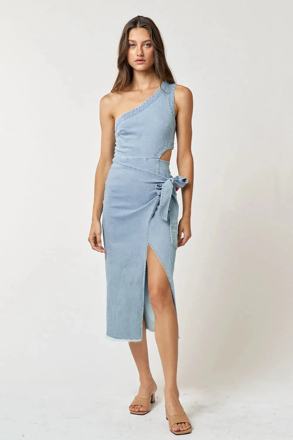 Off Shoulder Denim Wrap Midi Dress