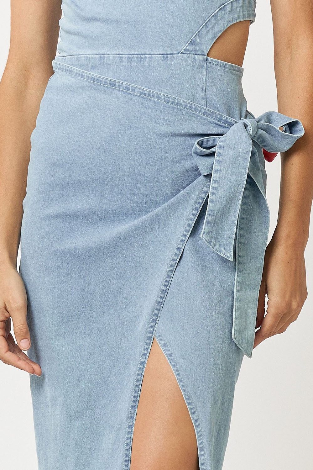 Off Shoulder Denim Wrap Midi Dress