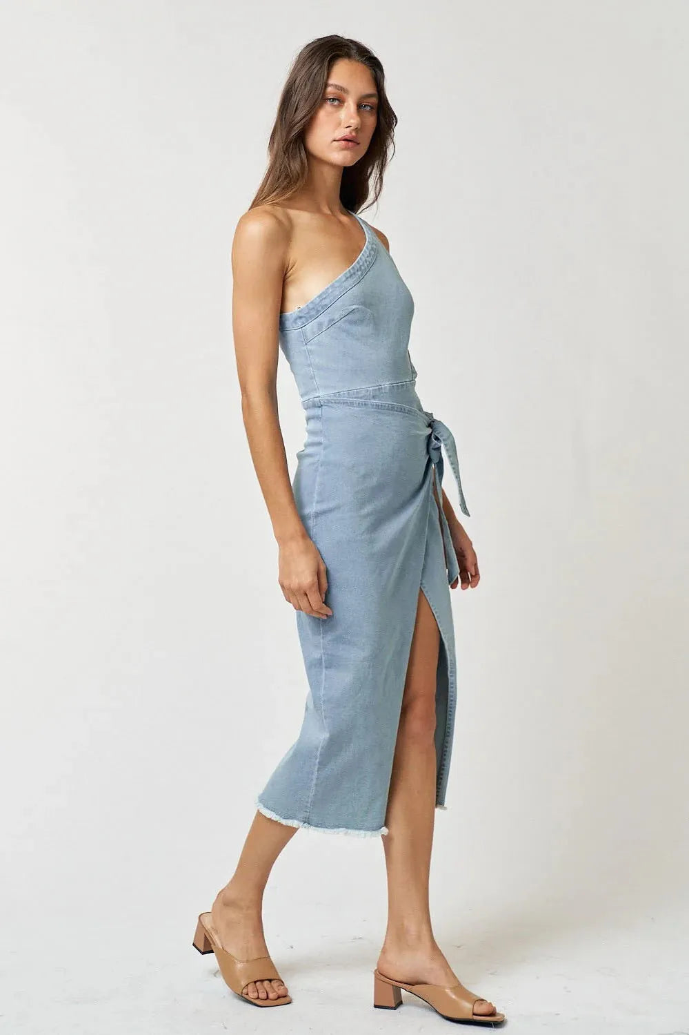 Off Shoulder Denim Wrap Midi Dress