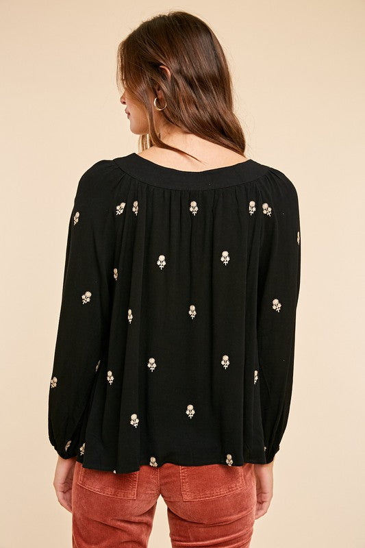 SQUARE NECK EMBROIDERED BUTTON BLOUSE