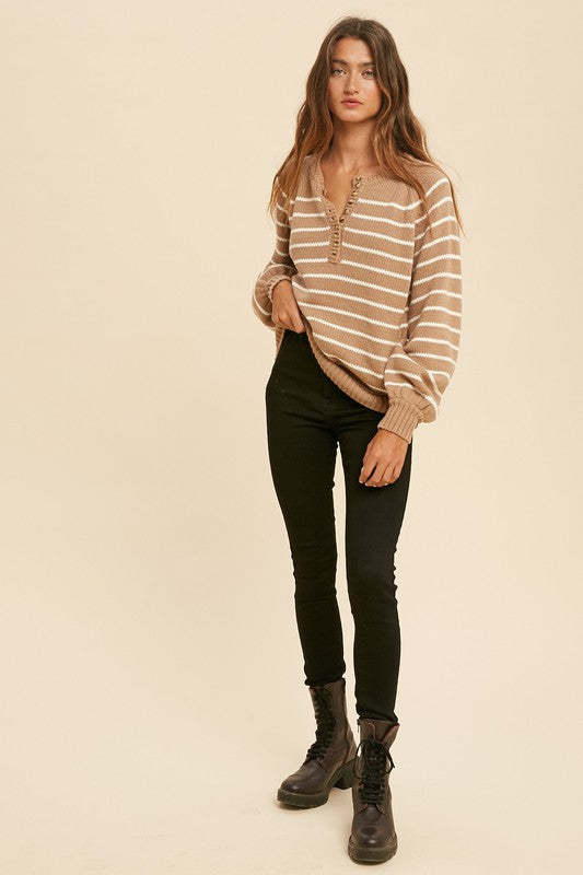 STRIPED BALLOON SLEEVE BUTTON DOWN SWEATER